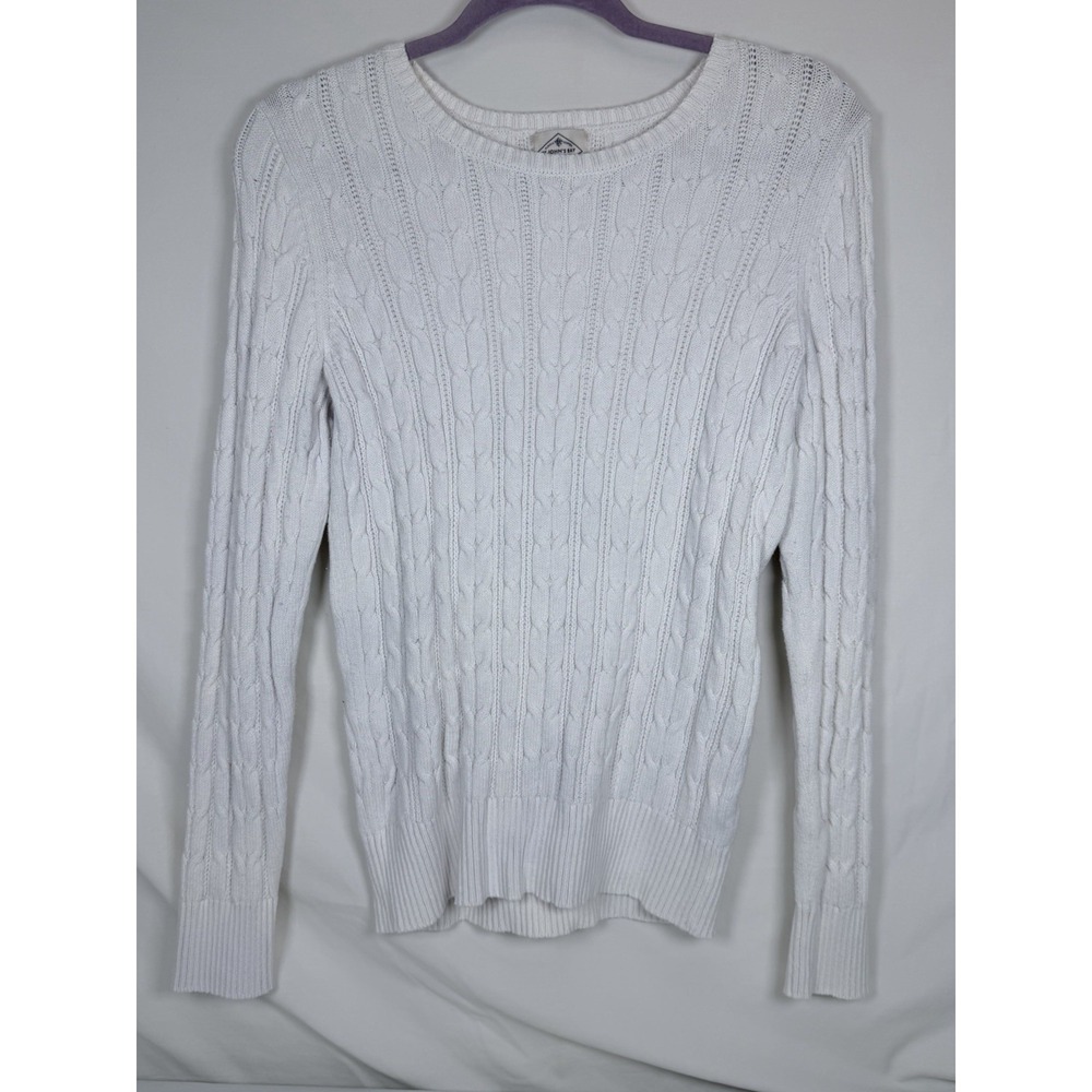 St. John's Bay Women's Medium White Cable Knit Sweater Crew Neck Cotton Blend